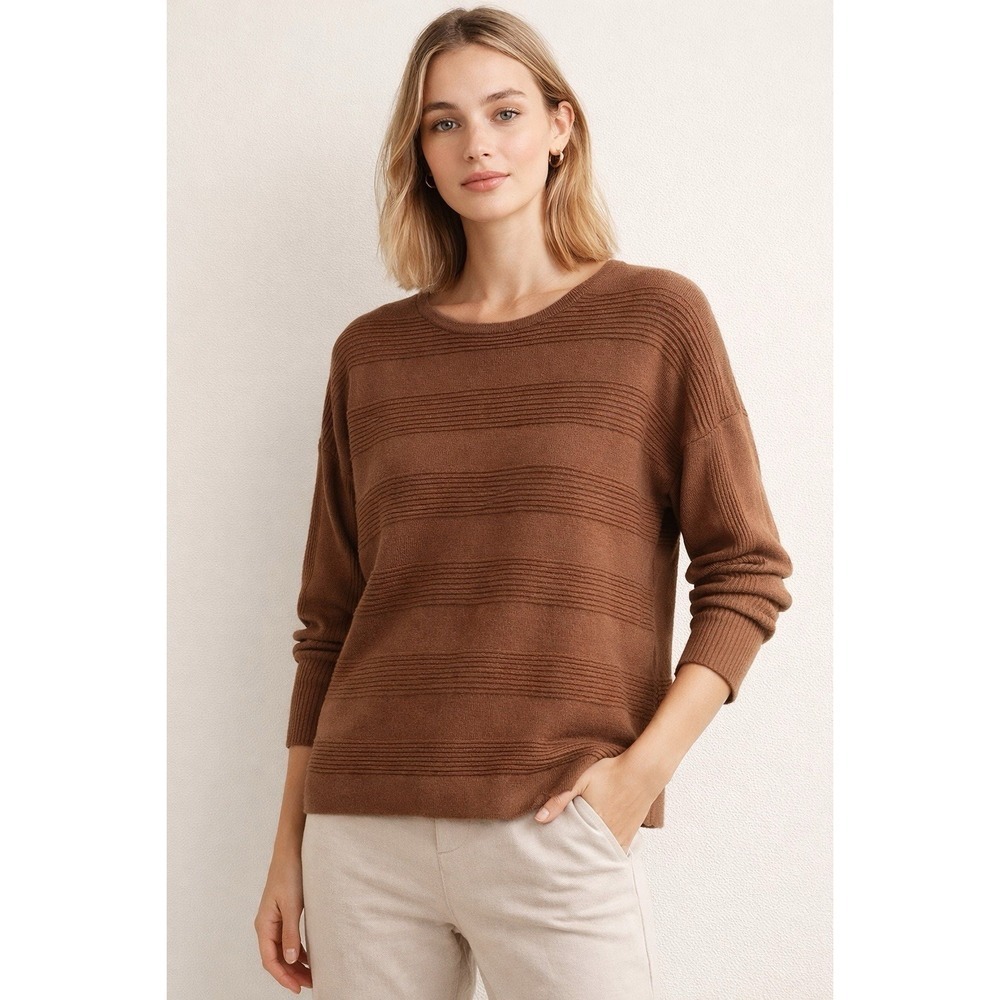 Tahari Ribbed Stripe Textured Sweater Women M Brown Crewneck Pullover